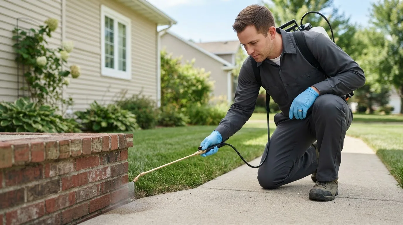 Pest control technician treating a home near Whitefield, OK