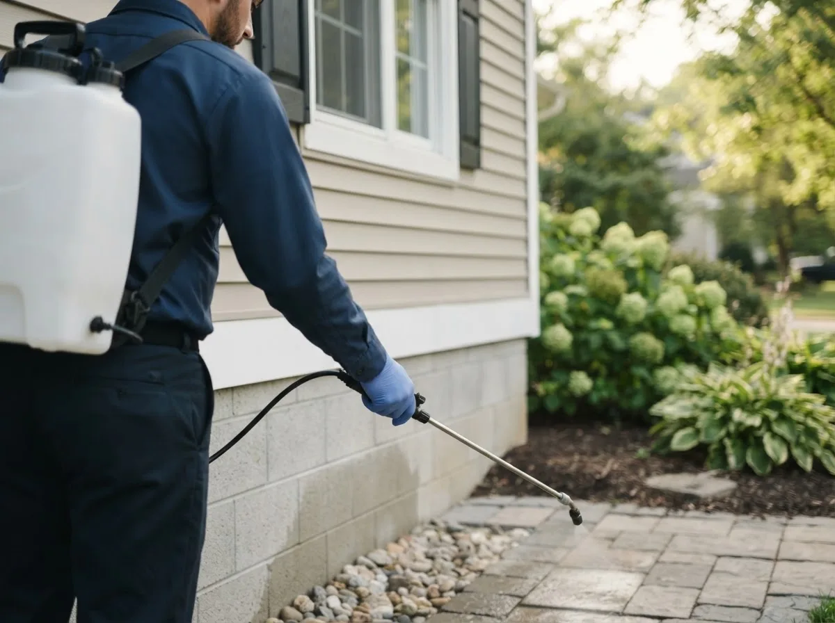 Pest control technician inspecting a home in Whitefield, OK